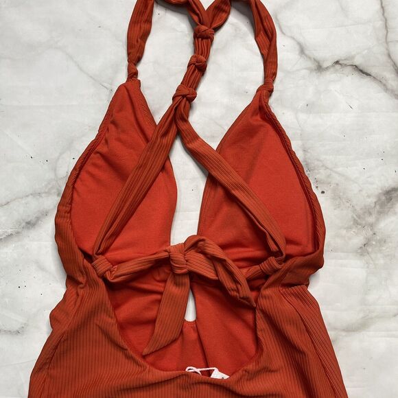 Bar III Like Knot One-Piece Swimsuit L Cinnamon Burnt Orange Ribbed Halter New - Picture 5 of 6